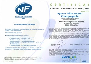 Certificat NF bâtiment tertiaire du 17-01-2013